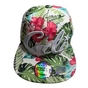 Cali Hat White Floral Tropical Snapback Adjustable Hawaiian Baseball Cap‎ sz OS
